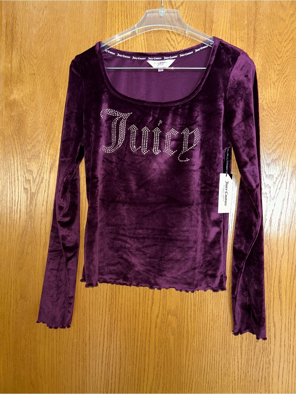 Juicy Couture Plum Velvet Long Sleeve Tee with Rhinestone Logo